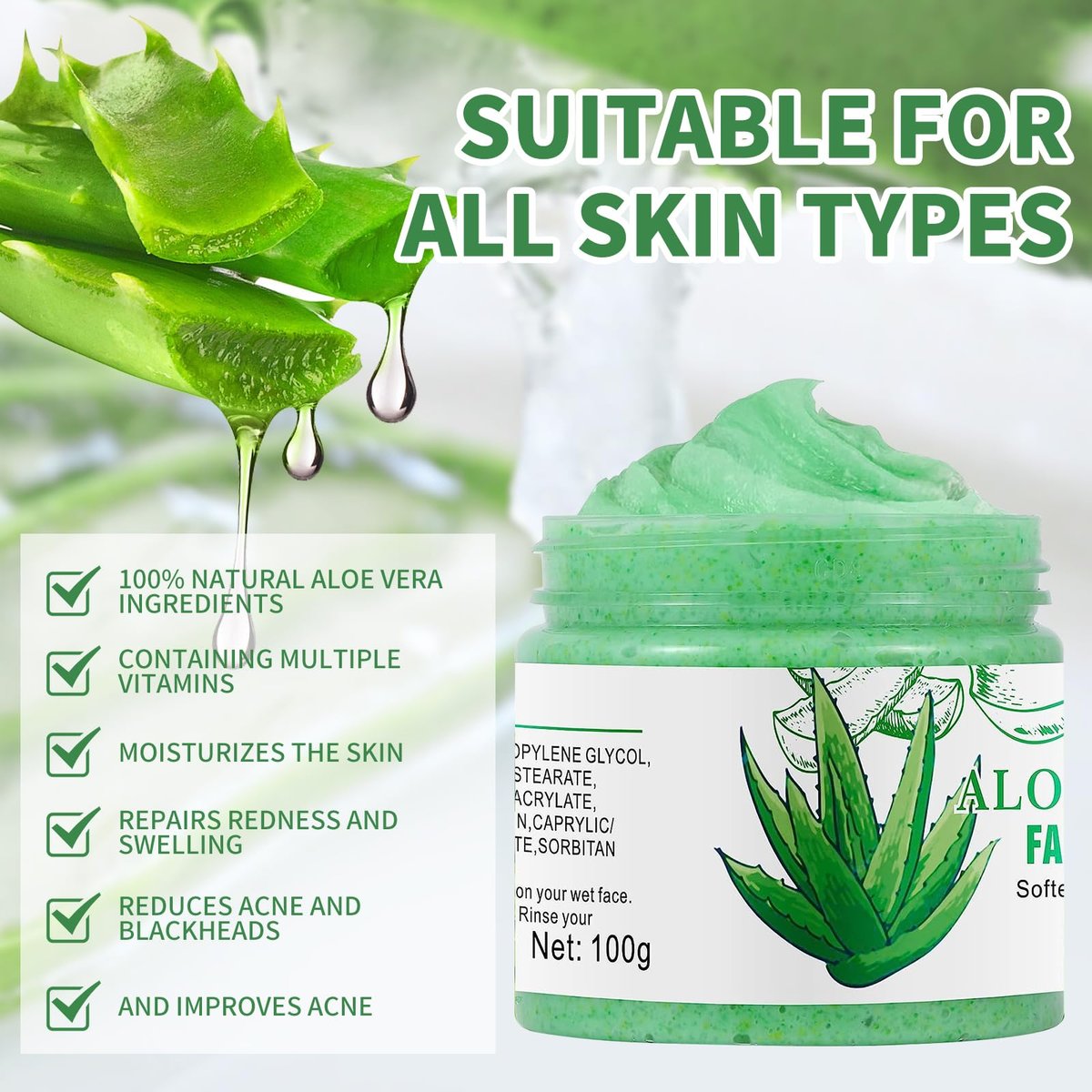 Aloe Vera Facial Scrub & Cleanser - Exfoliating Face Wash for Blackheads & Acne, 3.53 oz - görsel 5