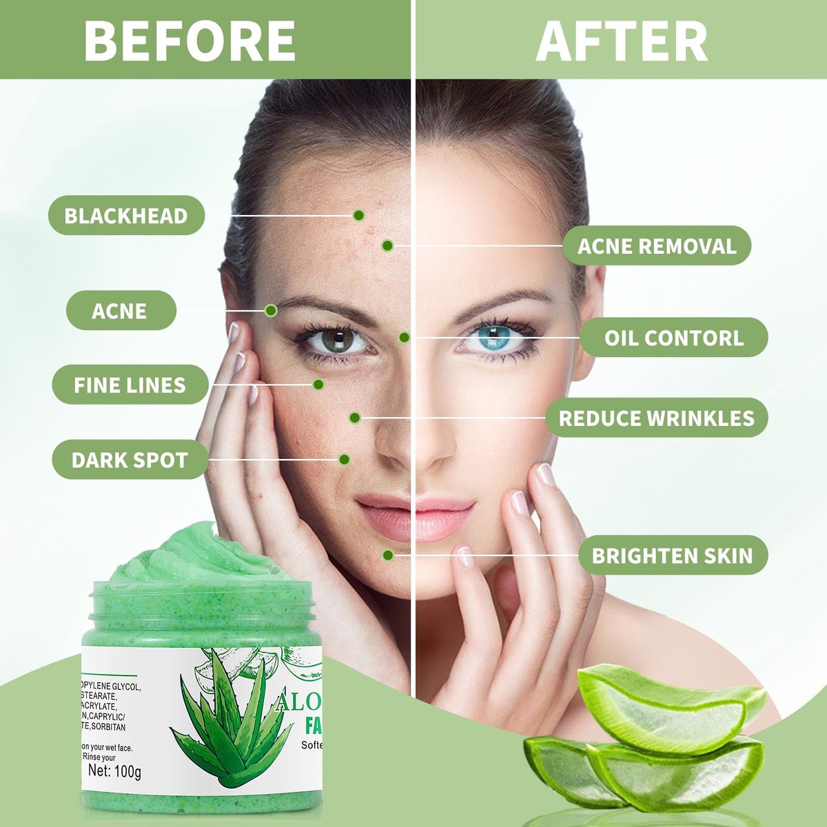 Aloe Vera Facial Scrub & Cleanser - Exfoliating Face Wash for Blackheads & Acne, 3.53 oz - görsel 3
