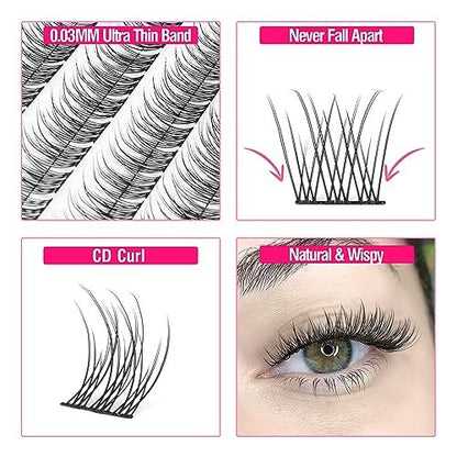 Natural Cluster Lashes Wispy CC-Curly 9-11MM Mixed Lengths Eyelash Extension Individual 96 Pcs DIY Lash Extension at Home by Mavphnee