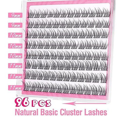 Natural Cluster Lashes Wispy CC-Curly 9-11MM Mixed Lengths Eyelash Extension Individual 96 Pcs DIY Lash Extension at Home by Mavphnee