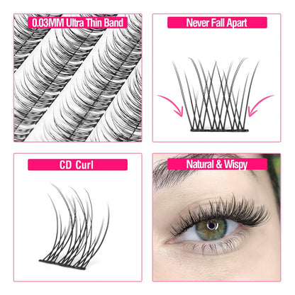 Natural Cluster Lashes Wispy CC-Curly 9-11MM Mixed Lengths Eyelash Extension Individual 96 Pcs DIY Lash Extension at Home by Mavphnee