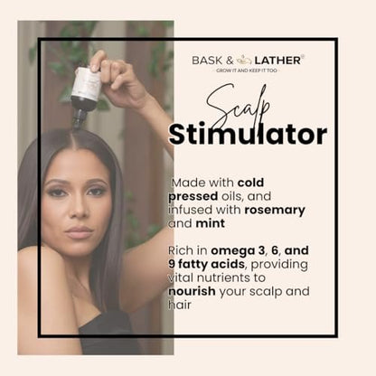 Bask & Lather Scalp Stimulator Hair Growth Oil - Cold Pressed Mint and Rosemary Blend with Grapeseed for Hair Growth, Organic Natural Leave-In, All Hair Types, 4 Fl Oz Avelisse