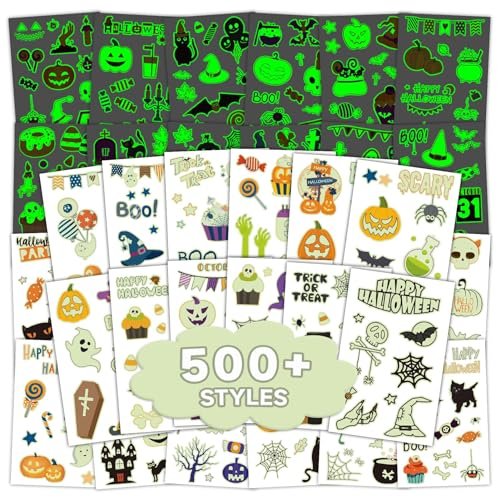 EMOME 500+ Styles Glow Halloween Tattoos for Kids Bulk - Cute Temporary Tattoos Stickers, Halloween Party Favors Decorations for Boys Girls (56 Sheets) - görsel 2