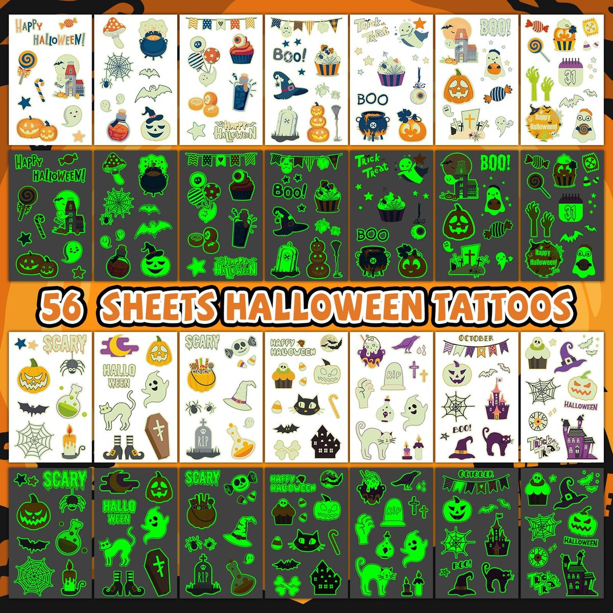EMOME 500+ Styles Glow Halloween Tattoos for Kids Bulk - Cute Temporary Tattoos Stickers, Halloween Party Favors Decorations for Boys Girls (56 Sheets) - görsel 7