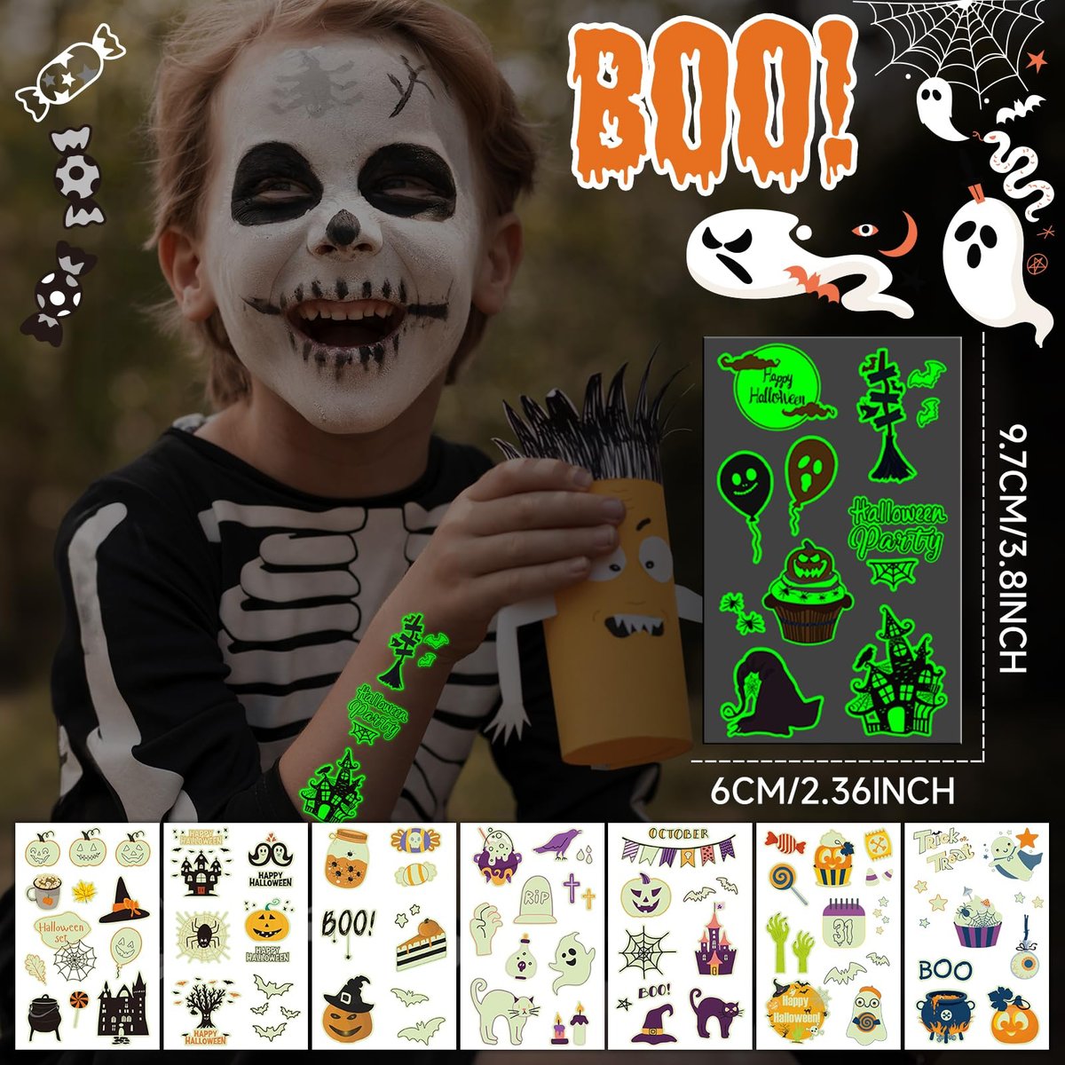 EMOME 500+ Styles Glow Halloween Tattoos for Kids Bulk - Cute Temporary Tattoos Stickers, Halloween Party Favors Decorations for Boys Girls (56 Sheets) - görsel 11