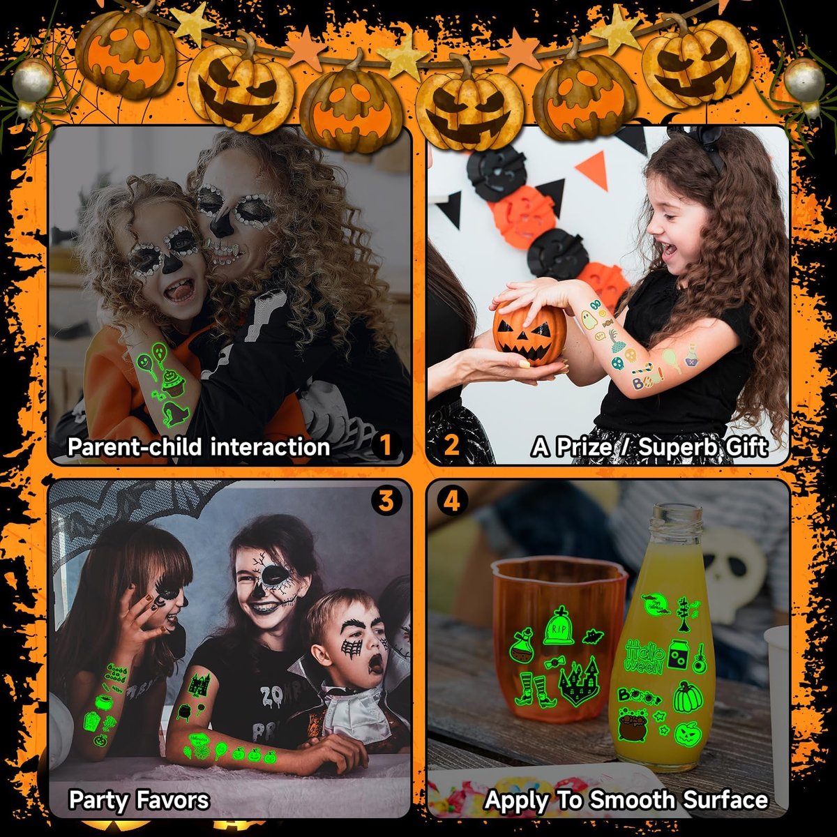 EMOME 500+ Styles Glow Halloween Tattoos for Kids Bulk - Cute Temporary Tattoos Stickers, Halloween Party Favors Decorations for Boys Girls (56 Sheets) - görsel 13