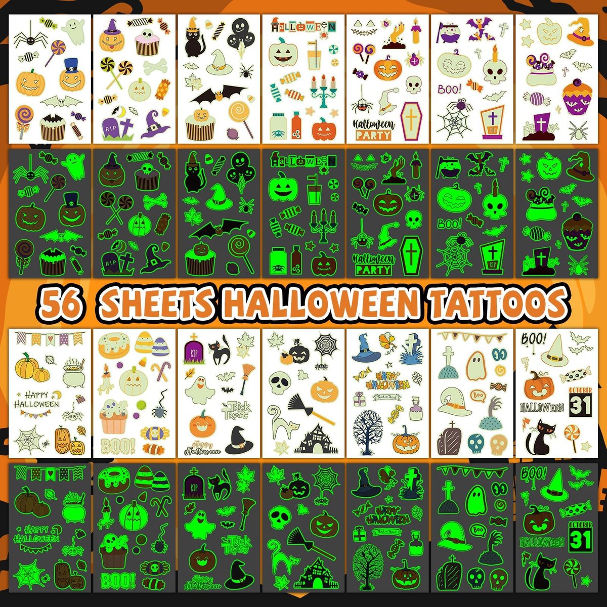EMOME 500+ Styles Glow Halloween Tattoos for Kids Bulk - Cute Temporary Tattoos Stickers, Halloween Party Favors Decorations for Boys Girls (56 Sheets) - görsel 3