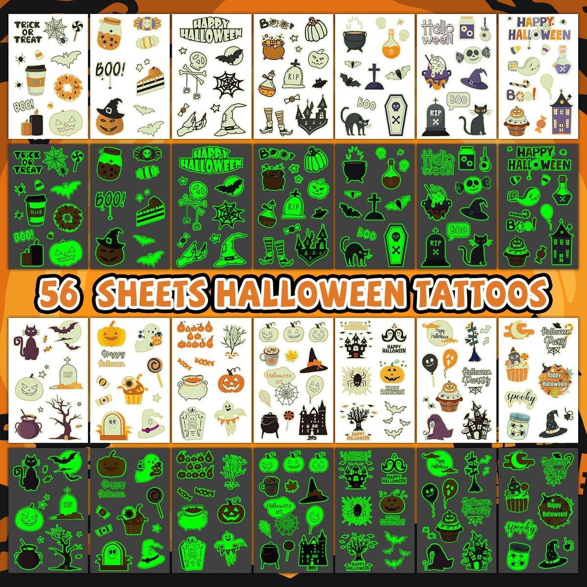 EMOME 500+ Styles Glow Halloween Tattoos for Kids Bulk - Cute Temporary Tattoos Stickers, Halloween Party Favors Decorations for Boys Girls (56 Sheets) - görsel 9