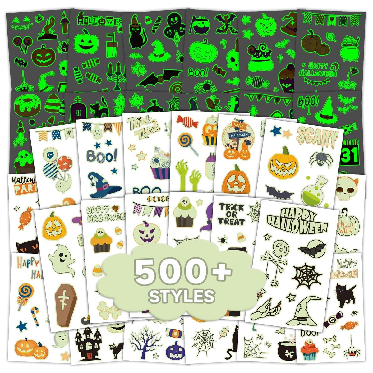 EMOME 500+ Styles Glow Halloween Tattoos for Kids Bulk - Cute Temporary Tattoos Stickers, Halloween Party Favors Decorations for Boys Girls (56 Sheets) - görsel 1