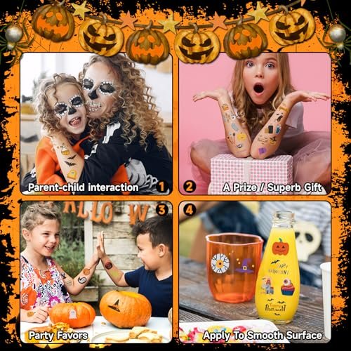 EMOME 408 Sheets Halloween Temporary Tattoos for Kids - Bulk Pack of Cute Pumpkin, Ghost & Bat Fake Tattoos for Party Favors, Treats & Supplies - görsel 14