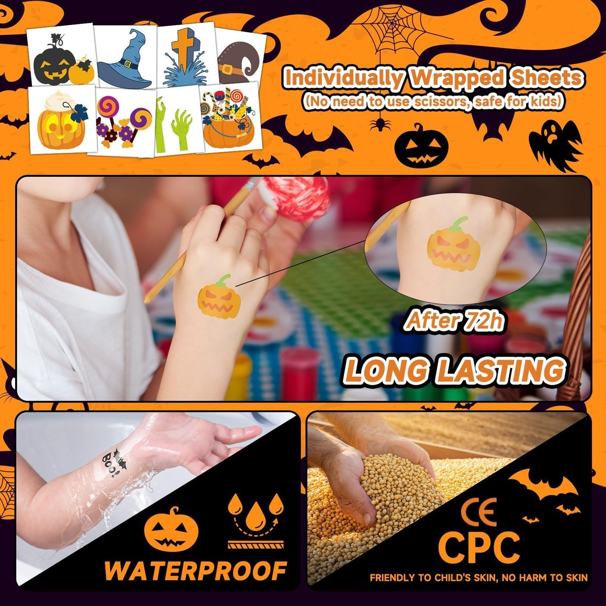 EMOME 408 Sheets Halloween Temporary Tattoos for Kids - Bulk Pack of Cute Pumpkin, Ghost & Bat Fake Tattoos for Party Favors, Treats & Supplies - görsel 9