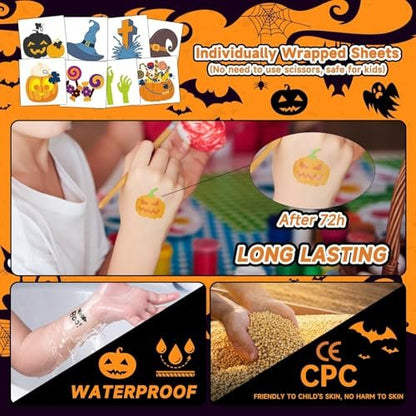 EMOME 408 Sheets Halloween Temporary Tattoos for Kids - Bulk Pack of Cute Pumpkin, Ghost & Bat Fake Tattoos for Party Favors, Treats & Supplies
