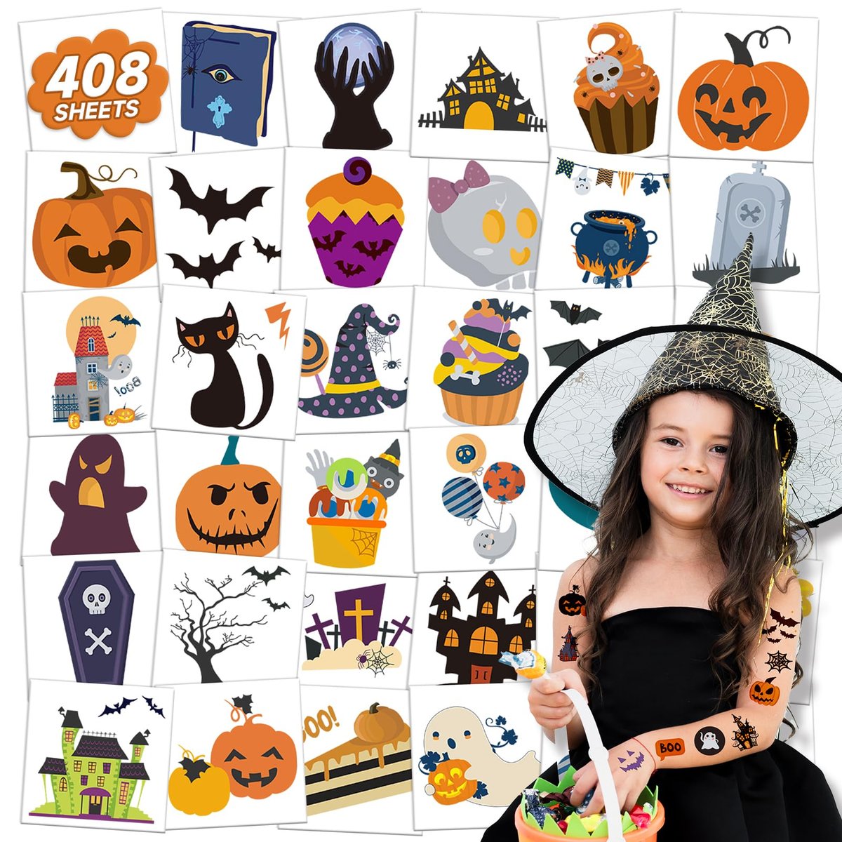 EMOME 408 Sheets Halloween Temporary Tattoos for Kids - Bulk Pack of Cute Pumpkin, Ghost & Bat Fake Tattoos for Party Favors, Treats & Supplies - görsel 1
