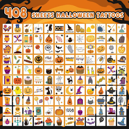 EMOME 408 Sheets Halloween Temporary Tattoos for Kids - Bulk Pack of Cute Pumpkin, Ghost & Bat Fake Tattoos for Party Favors, Treats & Supplies