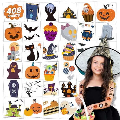 EMOME 408 Sheets Halloween Temporary Tattoos for Kids - Bulk Pack of Cute Pumpkin, Ghost & Bat Fake Tattoos for Party Favors, Treats & Supplies - görsel 2