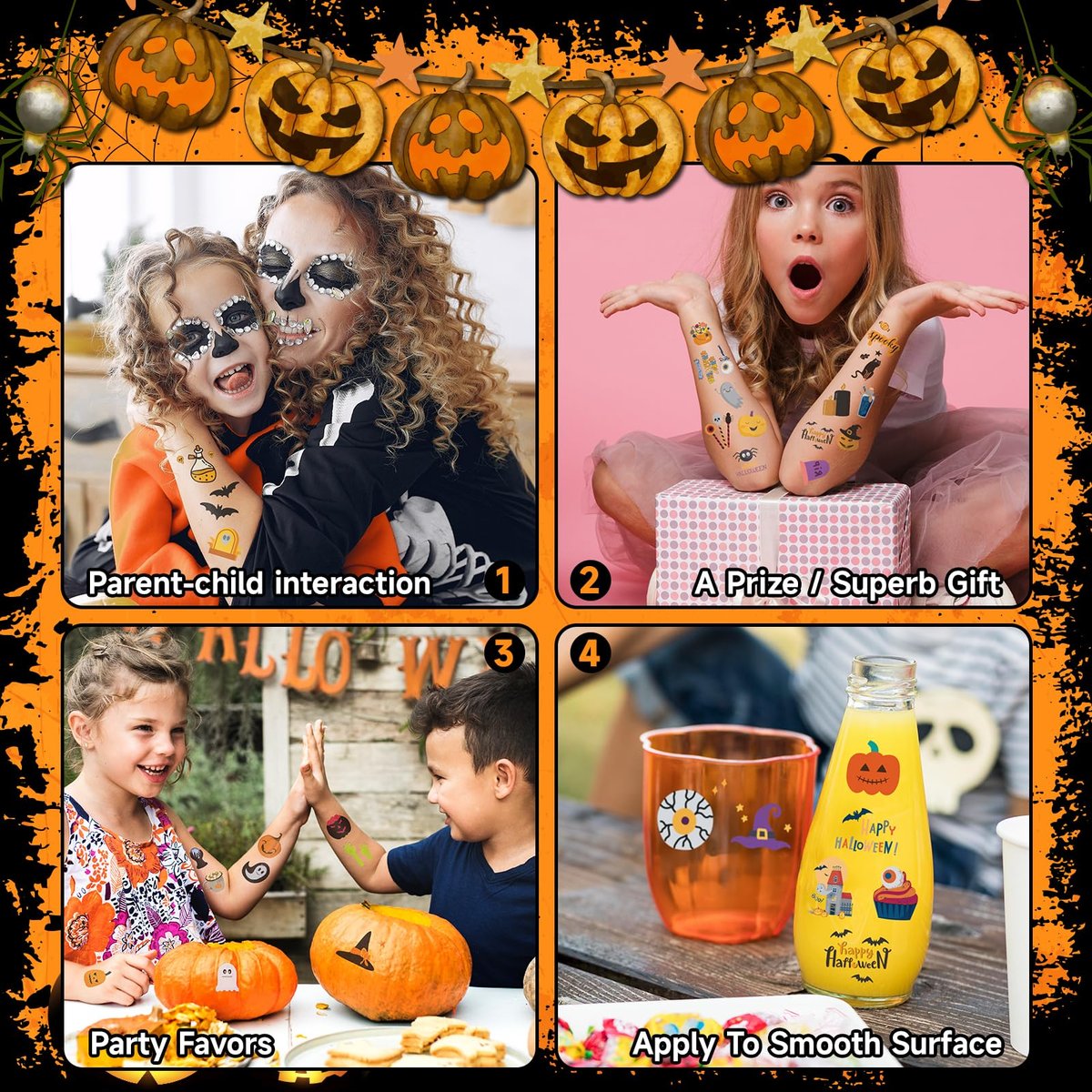 EMOME 408 Sheets Halloween Temporary Tattoos for Kids - Bulk Pack of Cute Pumpkin, Ghost & Bat Fake Tattoos for Party Favors, Treats & Supplies - görsel 13