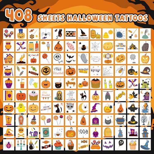 EMOME 408 Sheets Halloween Temporary Tattoos for Kids - Bulk Pack of Cute Pumpkin, Ghost & Bat Fake Tattoos for Party Favors, Treats & Supplies - görsel 4