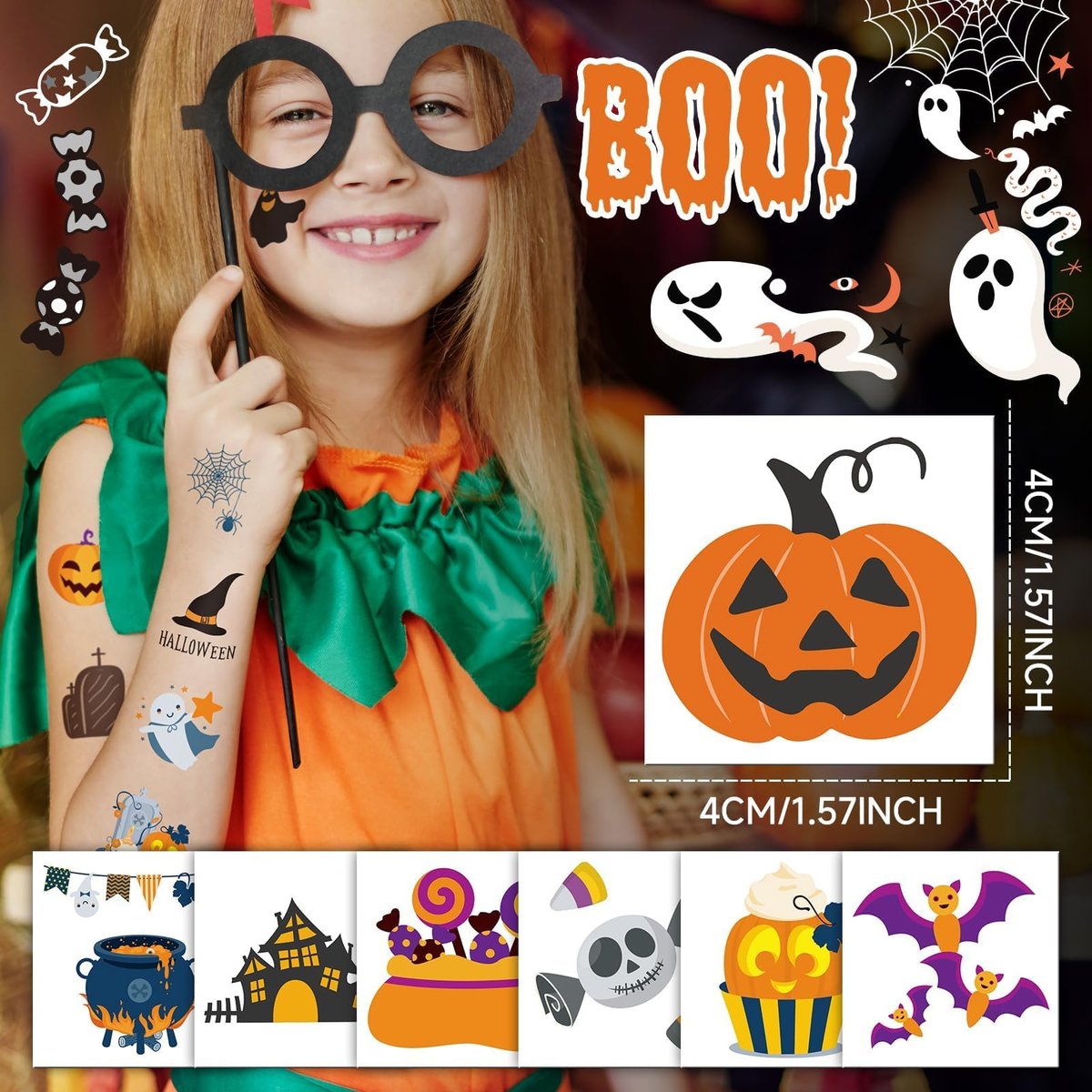 EMOME 408 Sheets Halloween Temporary Tattoos for Kids - Bulk Pack of Cute Pumpkin, Ghost & Bat Fake Tattoos for Party Favors, Treats & Supplies - görsel 11