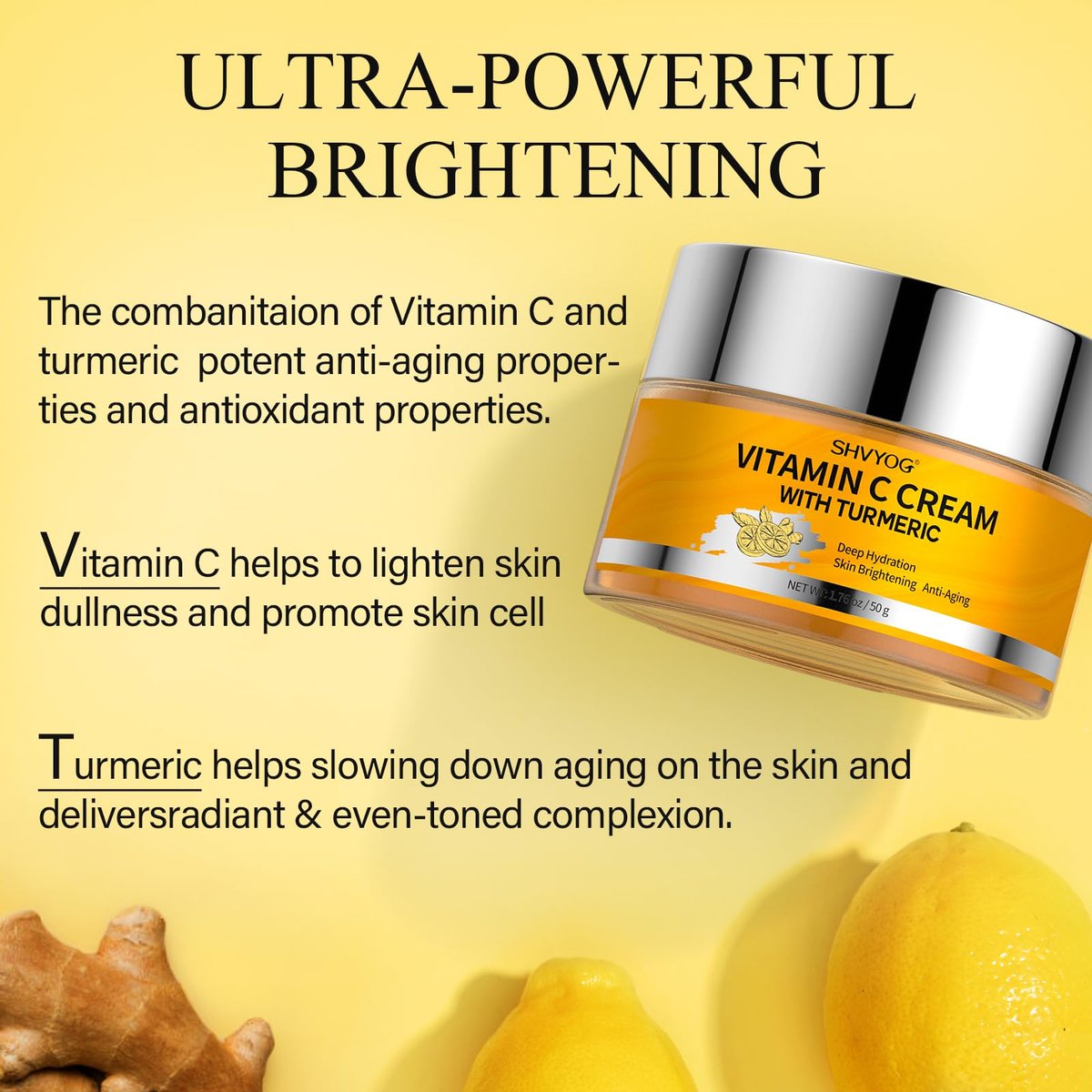 SHVYOG Vitamin C Face Moisturizer with Turmeric – Anti-Aging & Brightening Cream for Dark Spots, Wrinkles, Uneven Skin Tone, 1.76 oz Avelisse