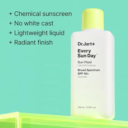 Dr.Jart+ Every Sun Day Sun Fluid SPF 50+ Korean Sunscreen for Face - 3.38 Fl Oz Avelisse