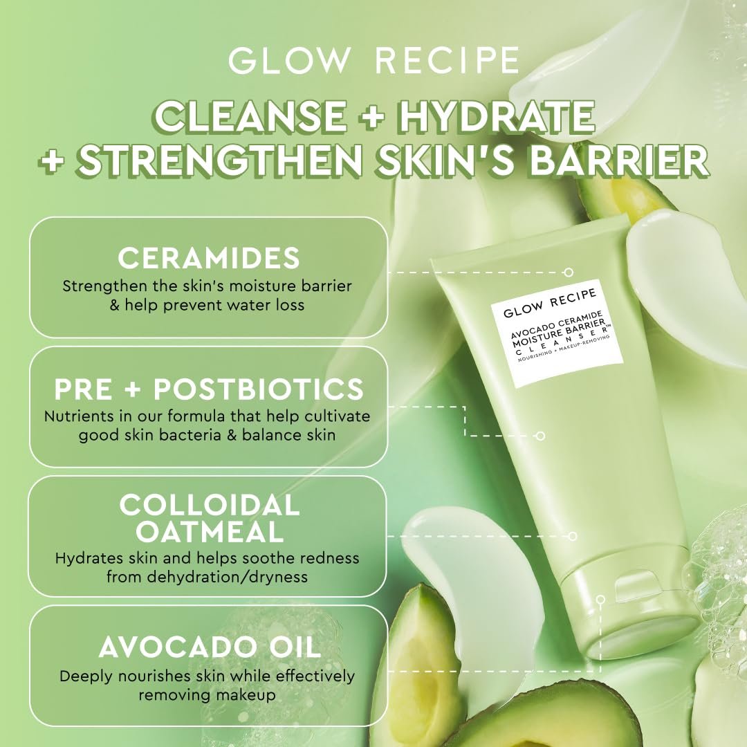 Glow Recipe Avocado Ceramide Facial Cleanser – Hydrating Gel-to-Foam Face Wash for Dry Skin, Barrier Support, Hyaluronic Acid + Colloidal Oatmeal (150ml) Avelisse