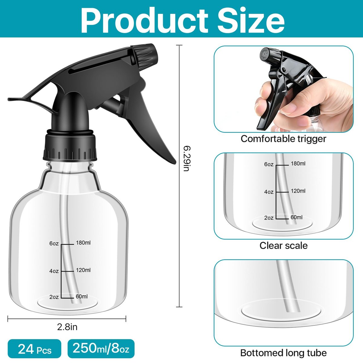 Worldity 24 Pack 8 oz Small Spray Bottles - Refillable Empty Spray Bottles with Measurement Marks and Adjustable Nozzle for Hair, Cleaning, Plants, Kitchen, Bathroom, Salon & Home Use Avelisse
