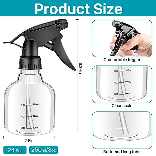 Worldity 24 Pack 8 oz Small Spray Bottles - Refillable Empty Spray Bottles with Measurement Marks and Adjustable Nozzle for Hair, Cleaning, Plants, Kitchen, Bathroom, Salon & Home Use Avelisse