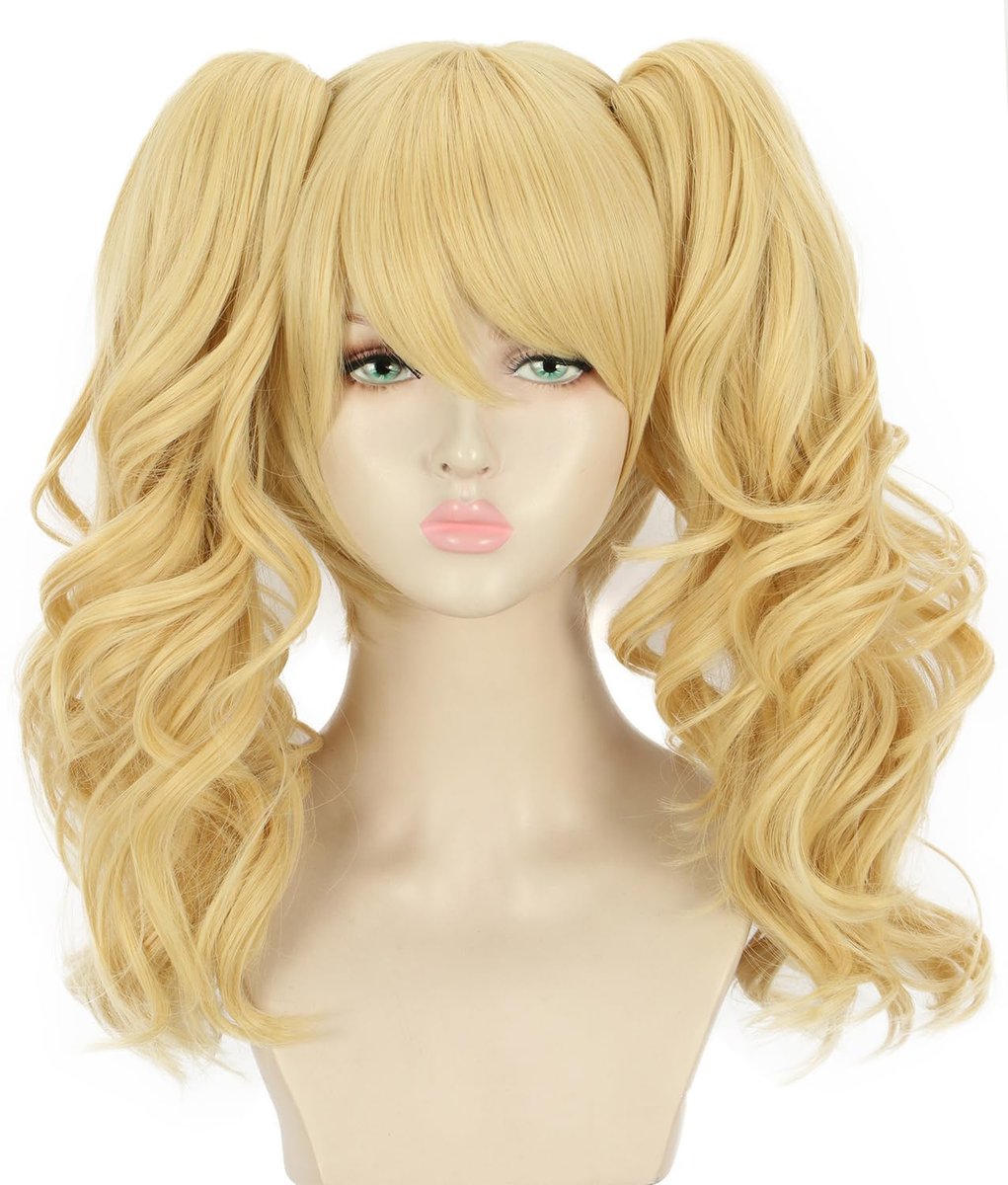 Yuehong Long Curly Blonde Double Ponytail Clip Wig for Women - Synthetic Halloween Cosplay Costume Wig - görsel 1