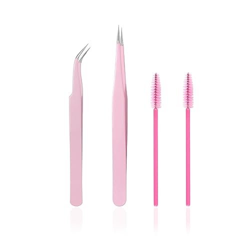 KLDKUST Stainless Steel Eyelash Extension Tweezers - Straight & Curved Tip Set with Eyelash Brush (4PCS) - görsel 2