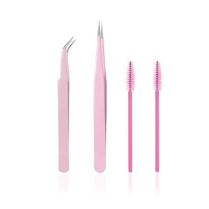 KLDKUST Stainless Steel Eyelash Extension Tweezers - Straight & Curved Tip Set with Eyelash Brush (4PCS)
