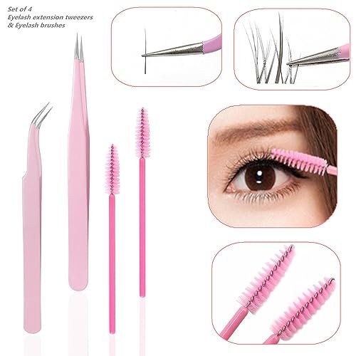 KLDKUST Stainless Steel Eyelash Extension Tweezers - Straight & Curved Tip Set with Eyelash Brush (4PCS) - görsel 9