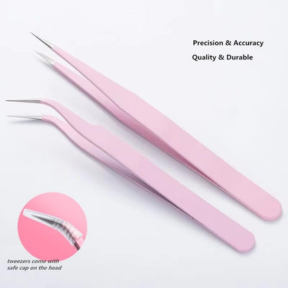 KLDKUST Stainless Steel Eyelash Extension Tweezers - Straight & Curved Tip Set with Eyelash Brush (4PCS)