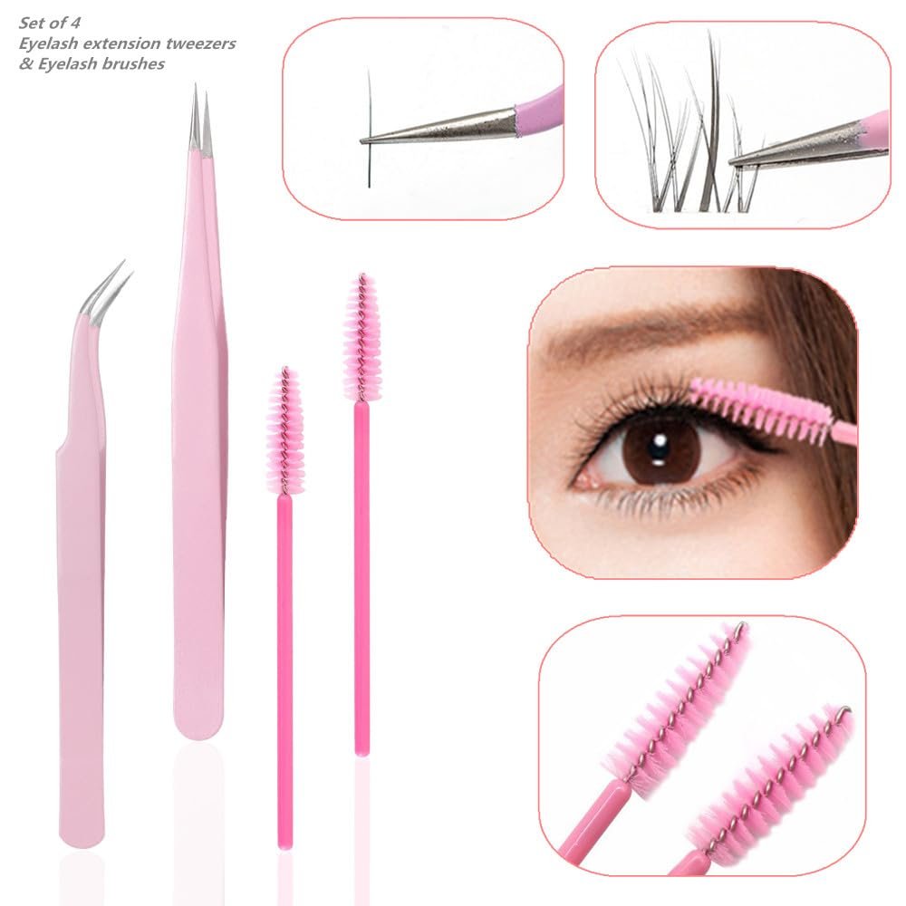 KLDKUST Stainless Steel Eyelash Extension Tweezers - Straight & Curved Tip Set with Eyelash Brush (4PCS) - görsel 8