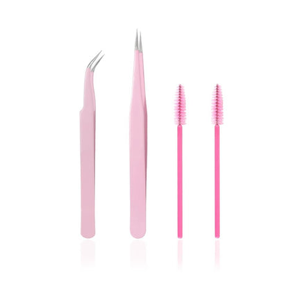KLDKUST Stainless Steel Eyelash Extension Tweezers - Straight & Curved Tip Set with Eyelash Brush (4PCS)