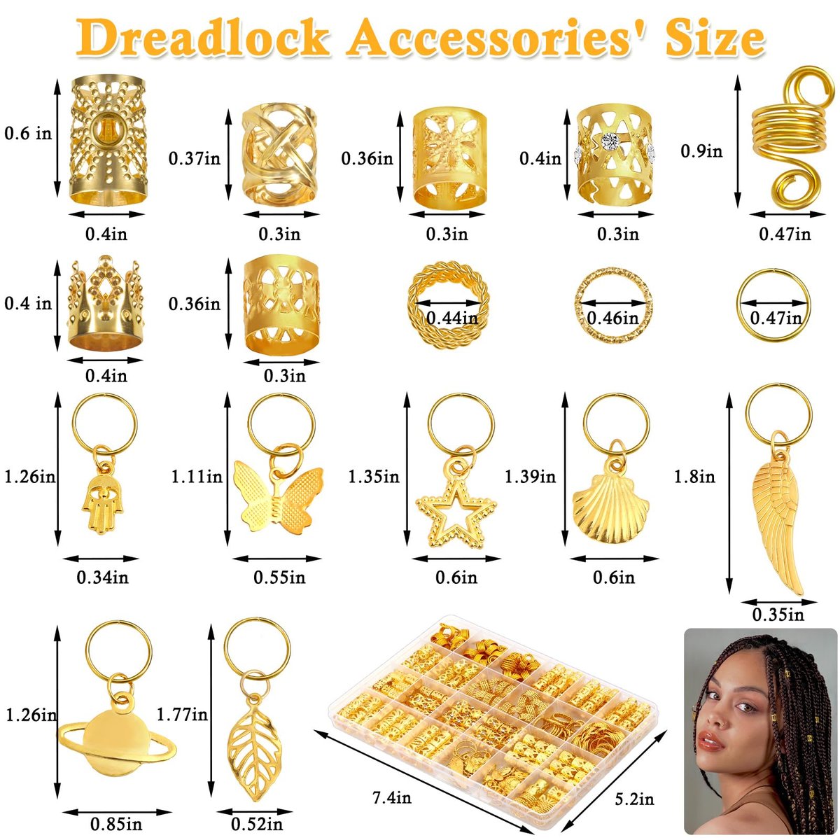 Lucomb 280 Pcs Hair Jewelry Set – Gold Hair Charms, Cuffs & Beads for Braids, Dreadlocks & Locs – Adjustable Metal Rings for Hair Decoration - görsel 3