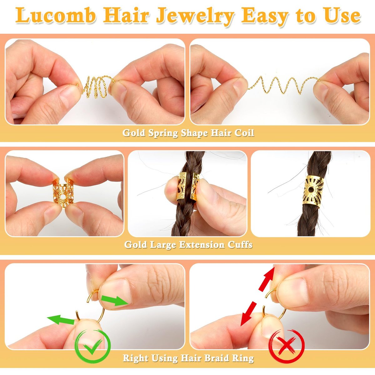 Lucomb 280 Pcs Hair Jewelry Set – Gold Hair Charms, Cuffs & Beads for Braids, Dreadlocks & Locs – Adjustable Metal Rings for Hair Decoration - görsel 7