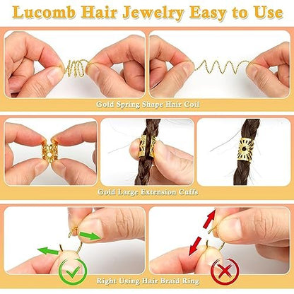 Lucomb 280 Pcs Hair Jewelry Set – Gold Hair Charms, Cuffs & Beads for Braids, Dreadlocks & Locs – Adjustable Metal Rings for Hair Decoration