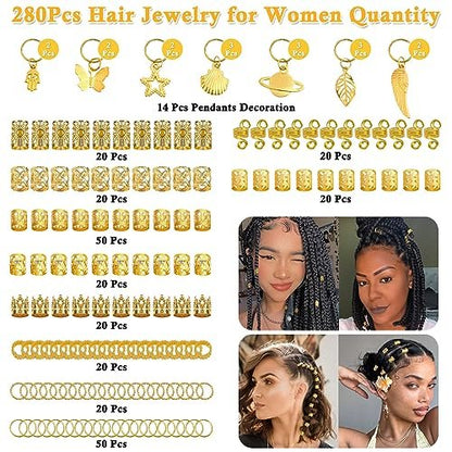 Lucomb 280 Pcs Hair Jewelry Set – Gold Hair Charms, Cuffs & Beads for Braids, Dreadlocks & Locs – Adjustable Metal Rings for Hair Decoration