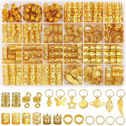 Lucomb 280 Pcs Hair Jewelry Set – Gold Hair Charms, Cuffs & Beads for Braids, Dreadlocks & Locs – Adjustable Metal Rings for Hair Decoration