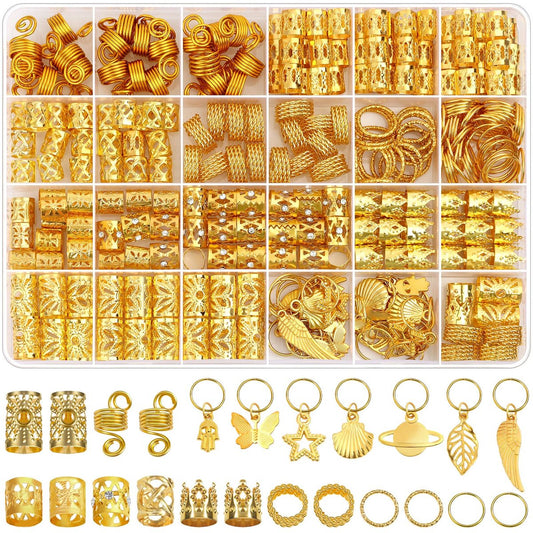 Lucomb 280 Pcs Hair Jewelry Set – Gold Hair Charms, Cuffs & Beads for Braids, Dreadlocks & Locs – Adjustable Metal Rings for Hair Decoration