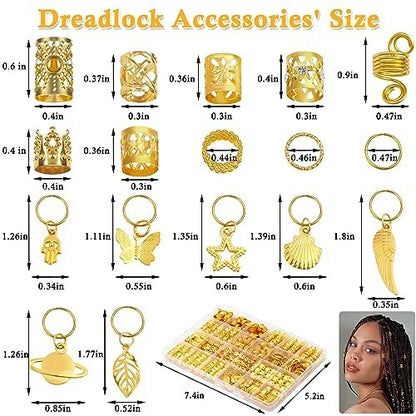 Lucomb 280 Pcs Hair Jewelry Set – Gold Hair Charms, Cuffs & Beads for Braids, Dreadlocks & Locs – Adjustable Metal Rings for Hair Decoration