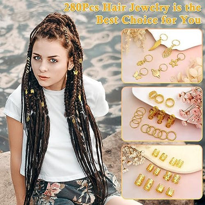 Lucomb 280 Pcs Hair Jewelry Set – Gold Hair Charms, Cuffs & Beads for Braids, Dreadlocks & Locs – Adjustable Metal Rings for Hair Decoration