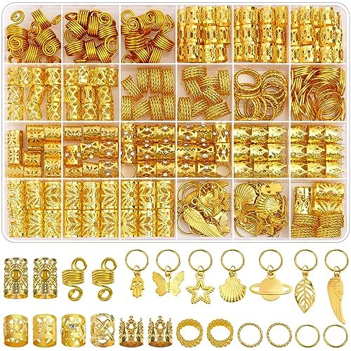 Lucomb 280 Pcs Hair Jewelry Set – Gold Hair Charms, Cuffs & Beads for Braids, Dreadlocks & Locs – Adjustable Metal Rings for Hair Decoration - görsel 2