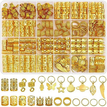 Lucomb 280 Pcs Hair Jewelry Set – Gold Hair Charms, Cuffs & Beads for Braids, Dreadlocks & Locs – Adjustable Metal Rings for Hair Decoration