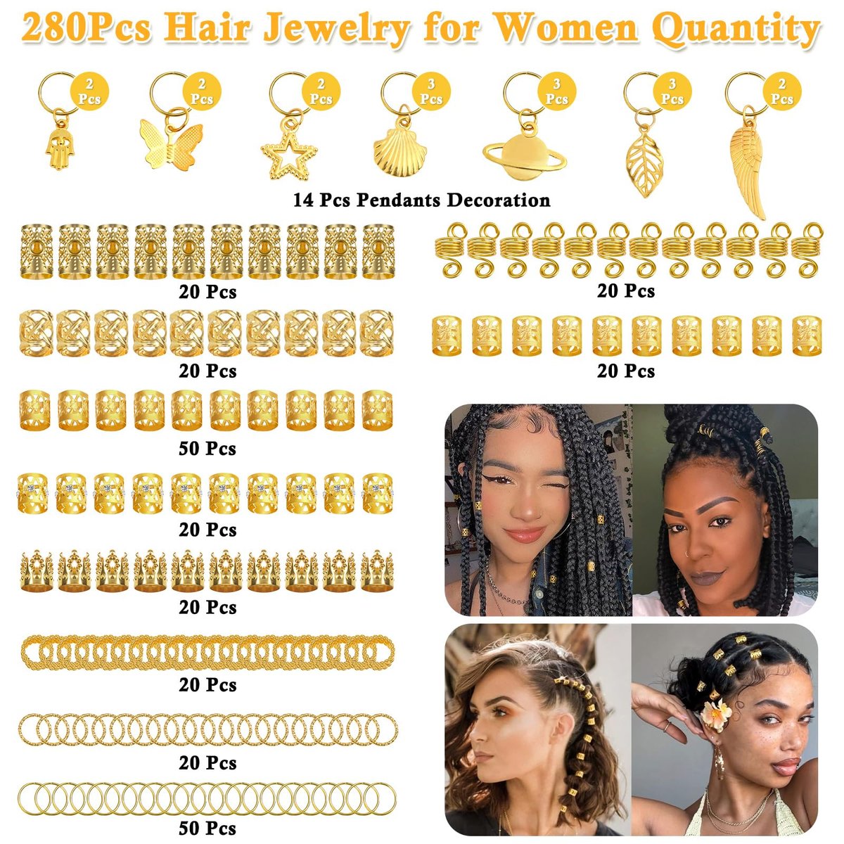 Lucomb 280 Pcs Hair Jewelry Set – Gold Hair Charms, Cuffs & Beads for Braids, Dreadlocks & Locs – Adjustable Metal Rings for Hair Decoration - görsel 5