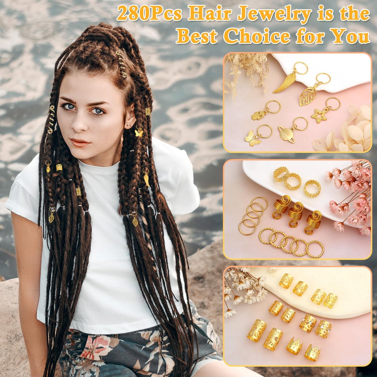 Lucomb 280 Pcs Hair Jewelry Set – Gold Hair Charms, Cuffs & Beads for Braids, Dreadlocks & Locs – Adjustable Metal Rings for Hair Decoration - görsel 9