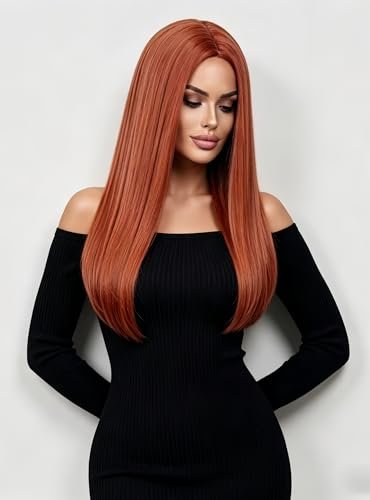 Rugelyss Long Straight Auburn Wig 22 Inches - Copper Red Synthetic Hair Wig for Women, Daily Wear & Party with Wig Cap