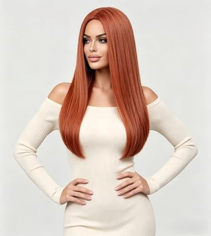 Rugelyss Long Straight Auburn Wig 22 Inches - Copper Red Synthetic Hair Wig for Women, Daily Wear & Party with Wig Cap