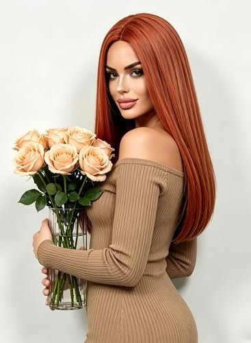 Rugelyss Long Straight Auburn Wig 22 Inches - Copper Red Synthetic Hair Wig for Women, Daily Wear & Party with Wig Cap - görsel 6