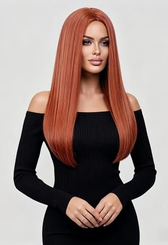 Rugelyss Long Straight Auburn Wig 22 Inches - Copper Red Synthetic Hair Wig for Women, Daily Wear & Party with Wig Cap